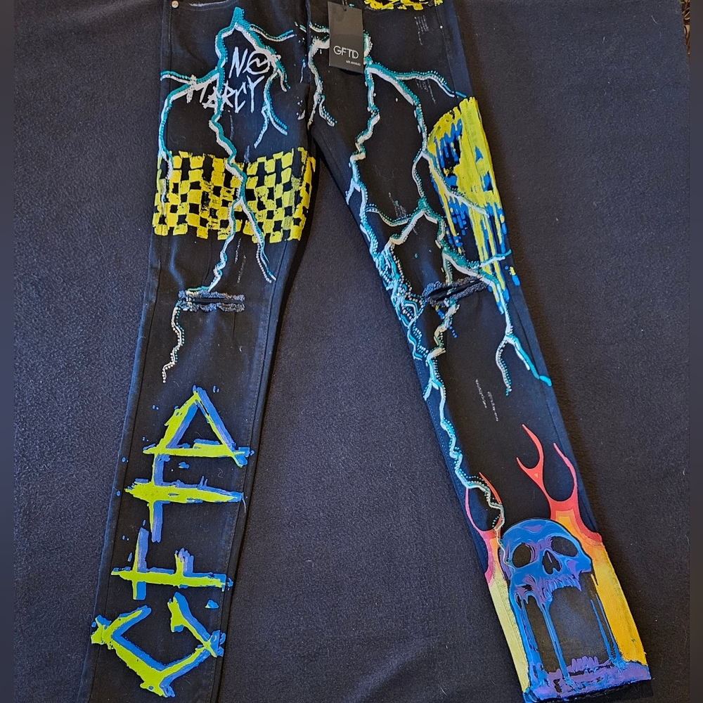 GFTD Jean's Men's 32 Black Streetwear Graffiti Hip Hop Graphic Print Pants